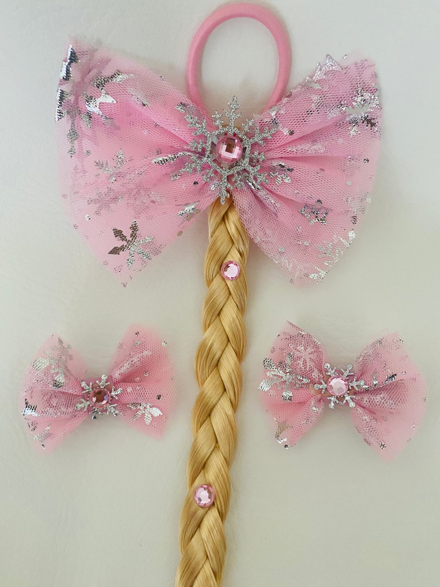 Pink or Blue snowflake plaited hair bow 