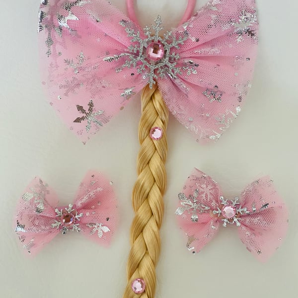 pink snowflake plaited hair bow 