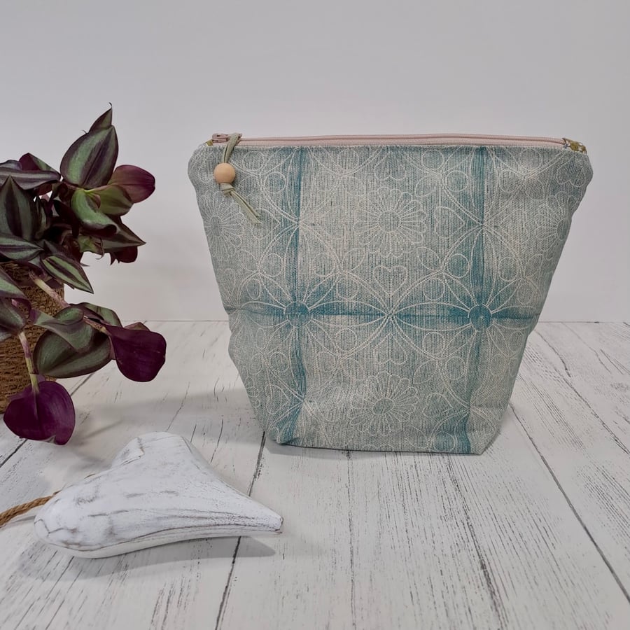Hand Printed Linen Wash Bag, Toiletry Bag, Accessory Bag - Teal Blue