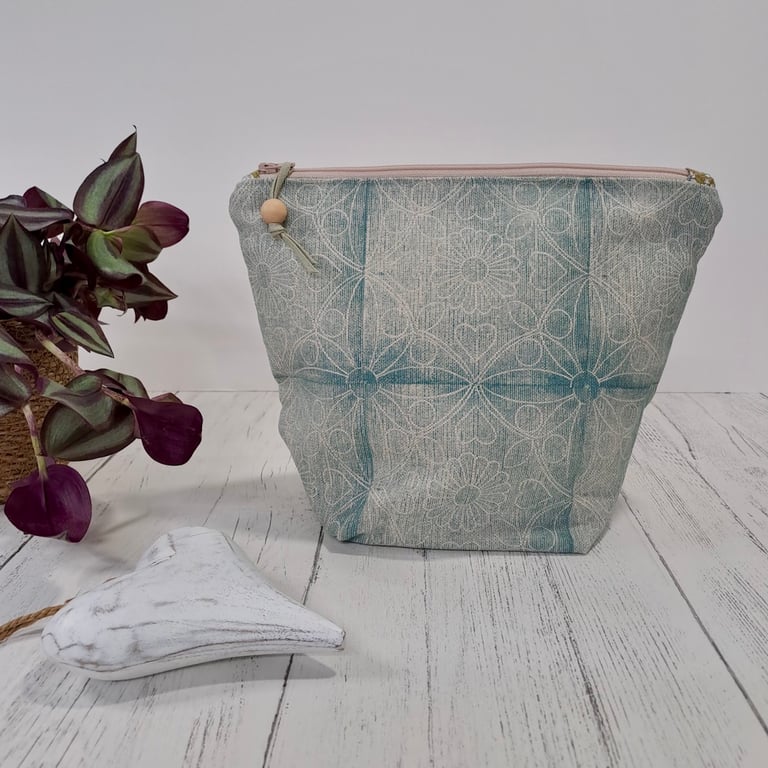 Hand Printed Linen Wash Bag, Toiletry Bag, Accessory Bag - Teal Blue