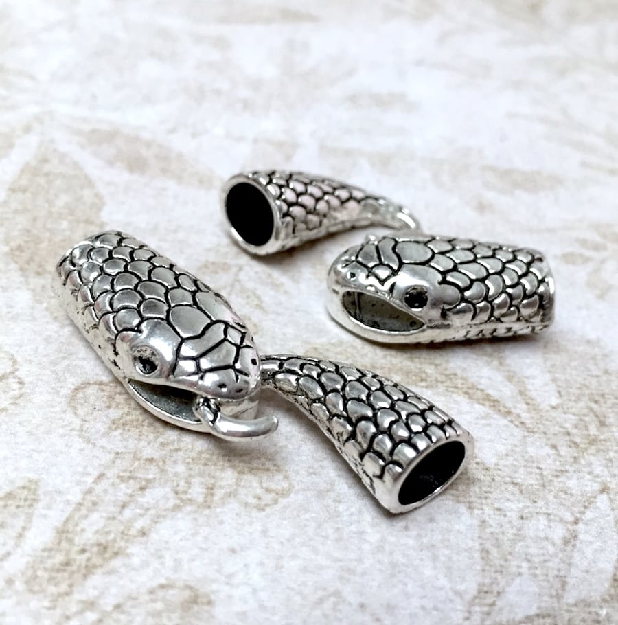 2 Sets - Snake Head Antique Silver Clasp for Leather Cord