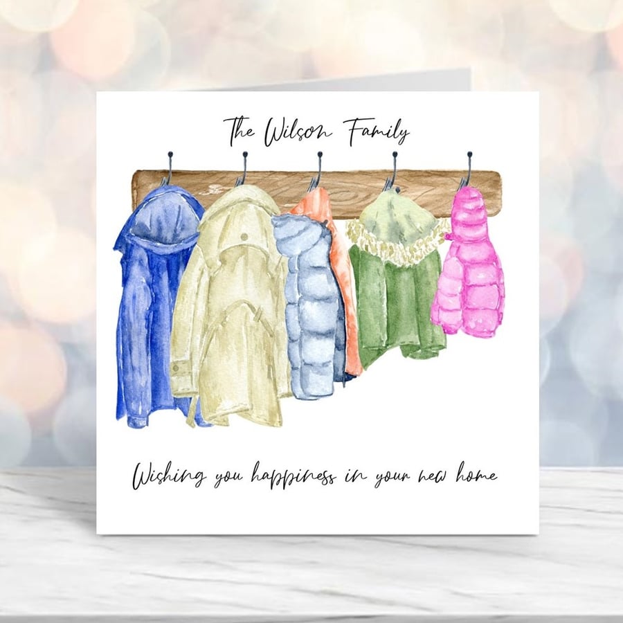  New Home Card Personalised with names and dates - Coats for the family
