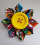 Multicolour Fabric Flower Brooch With Yellow Button - Bright Floral Pin - Image 2
