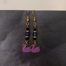 Purple and black beaded swan charm dangle earrings 