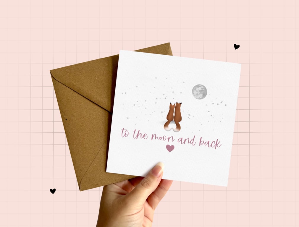 Fox Love Greeting Card, To the Moon and Back Anniversary Valentine's Day Card