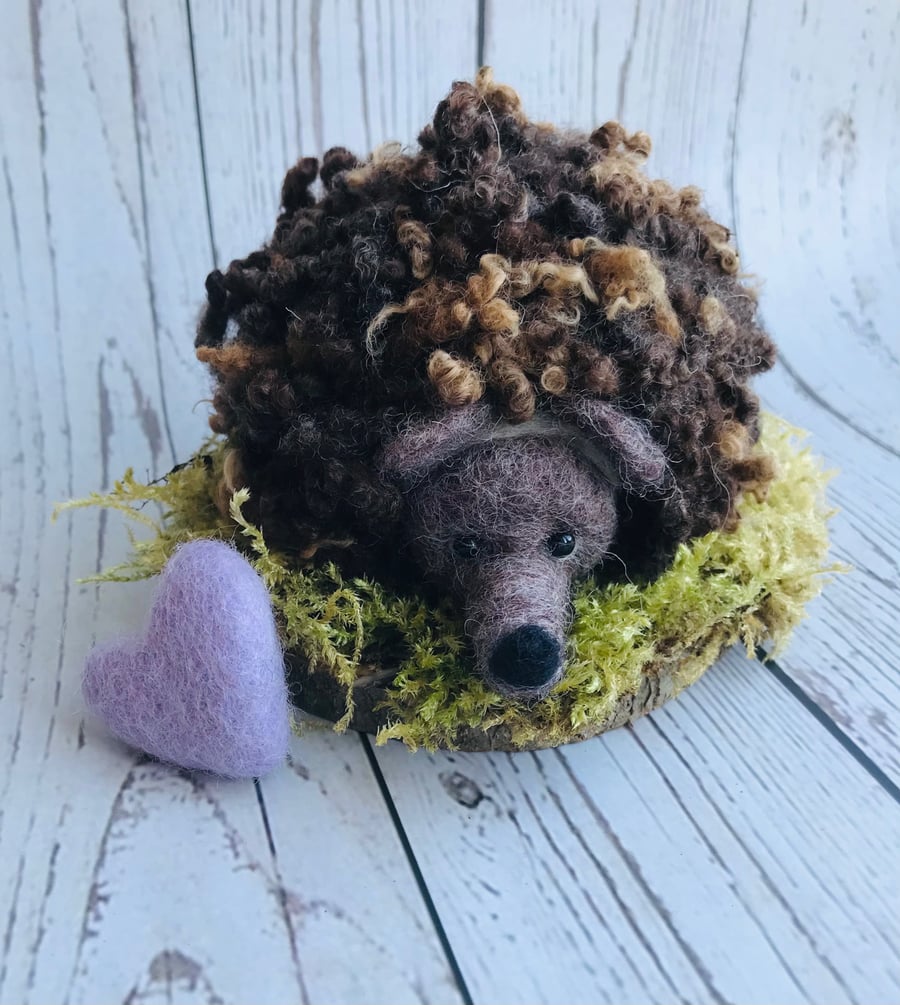Hetty - Needle Felted Hedgehog on wooden base - handmade gift