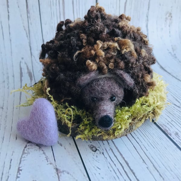 Hetty - Needle Felted Hedgehog on wooden base - handmade gift