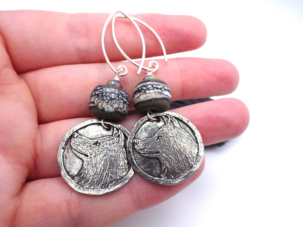 grey wolf lampwork glass earrings