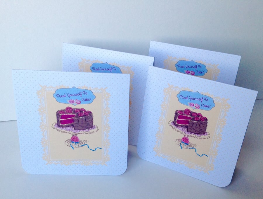 Notecards,Set of Four Blank,'Cake Time',Handmade Notecards with Envelopes