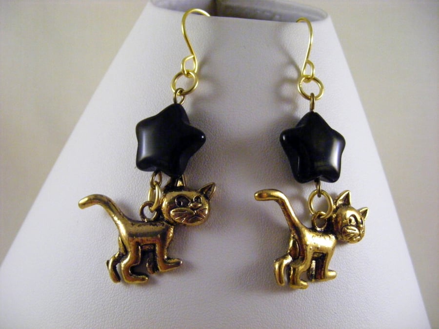 Black Agate Stars and Cat Charm Earrings