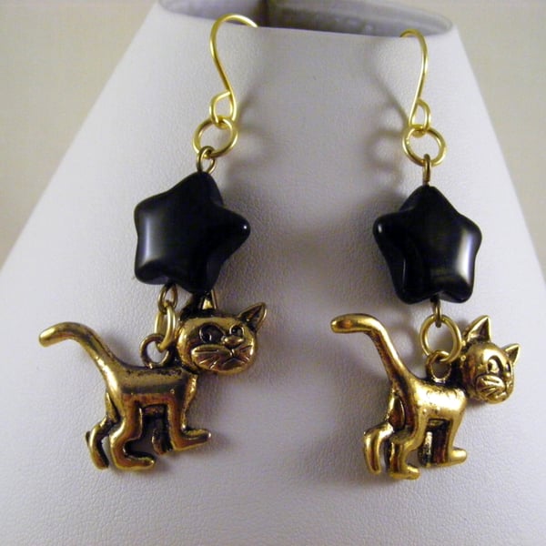 Black Agate Stars and Cat Charm Earrings