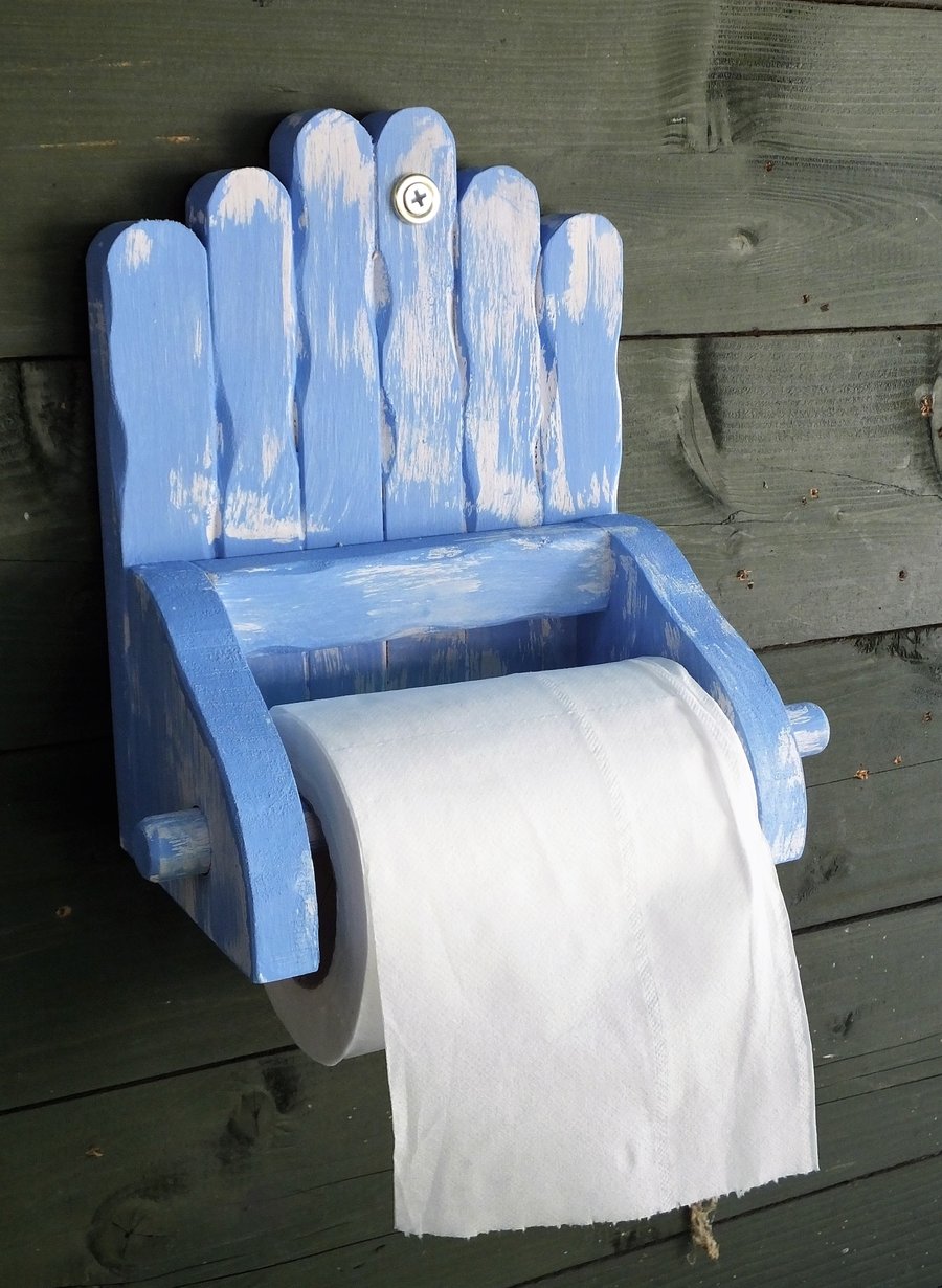 Blue & white nautical themed toilet roll holder from recycled pine.