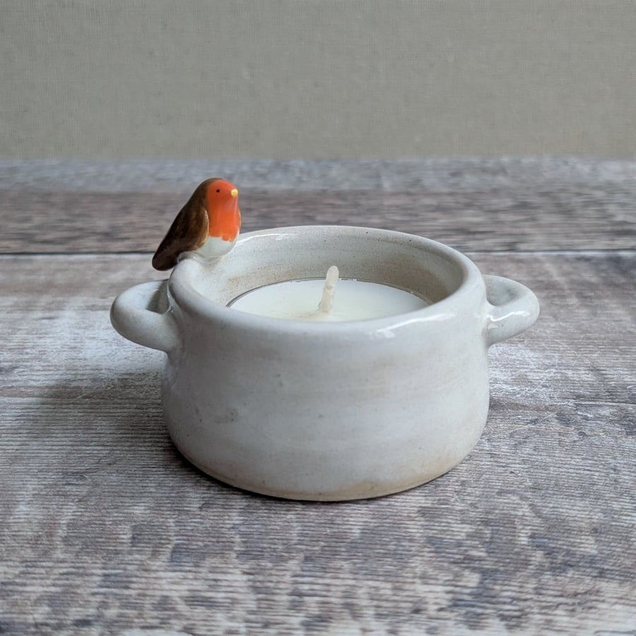 Image of Small ceramic tealight holder with mini robin, white glaze