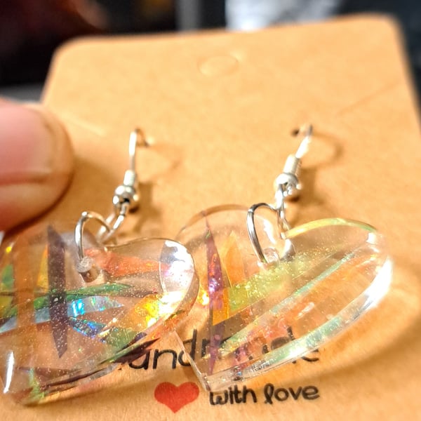 Beautiful pair of dichroic strips heart shaped resin earrings