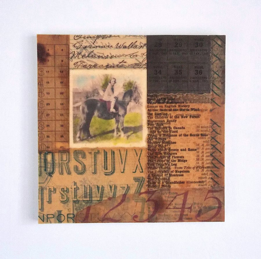 Image of Vintage Paper Collage on Wood Panel, 14.8cms, Free UK Postage (206)