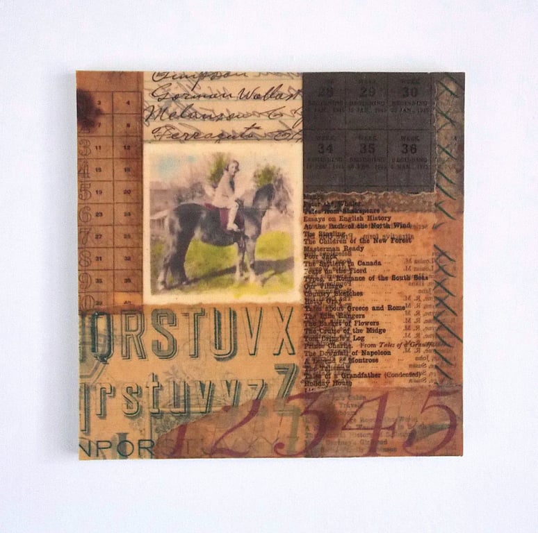 Vintage Paper Collage on Wood Panel, 14.8cms, Free UK Postage (206)