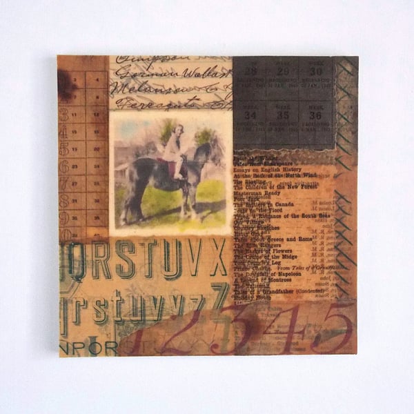 Vintage Paper Collage on Wood Panel, 14.8cms, Free UK Postage (206)
