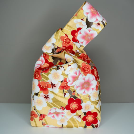 Reversible Japanese Knot Bag - Sakura Pattern - Lined In Gold Coloured Satin