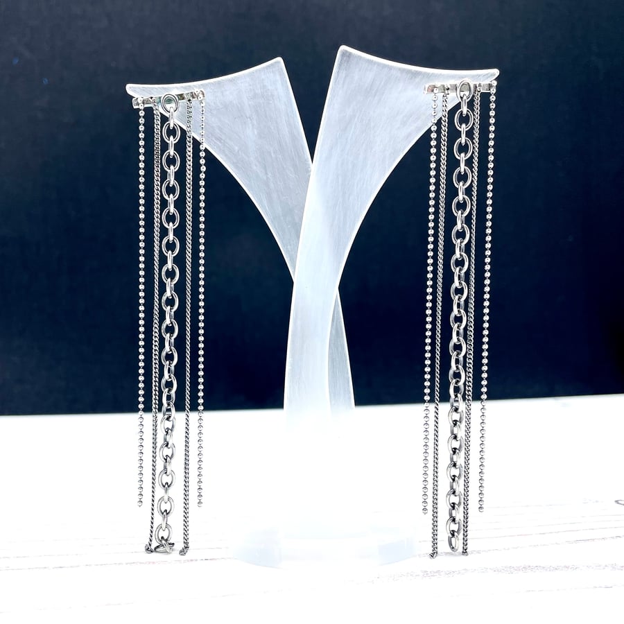 Long drop oxidised tassel chain sterling silver earrings