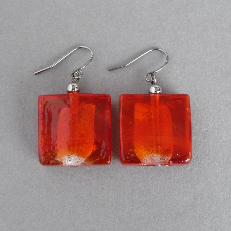 Big Bright Red Fused Glass Dangle Earrings - Large Scarlet Square Drop Earrings