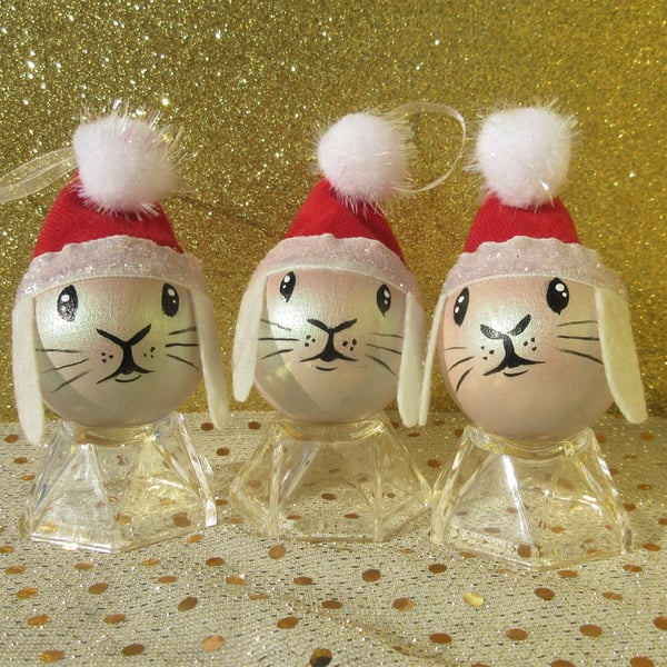 Bunny Rabbit Christmas Tree Baubles Hanging Decoration in Pearl White Set of 3