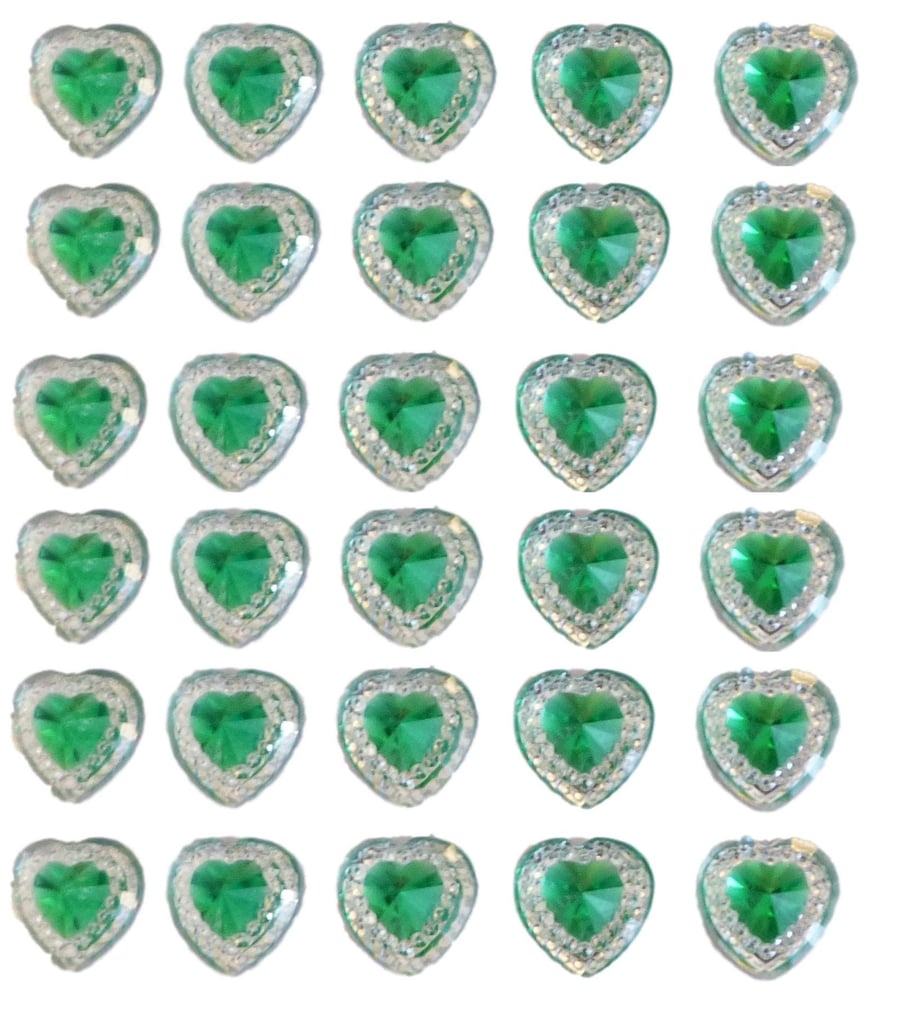 40 x Self Adhesive Clear Heart Gems With Green Center Rhinestone Acrylic Crystal