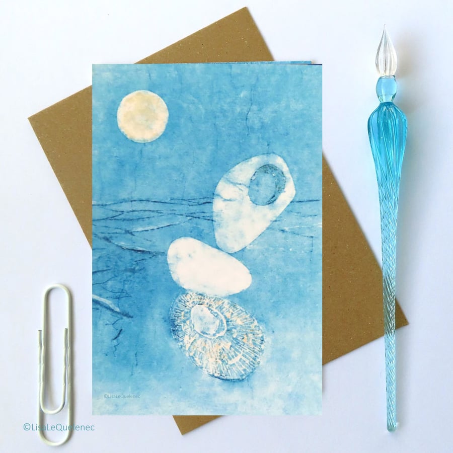  moon and beach stack blank art card shells pebbles and sea plastic free
