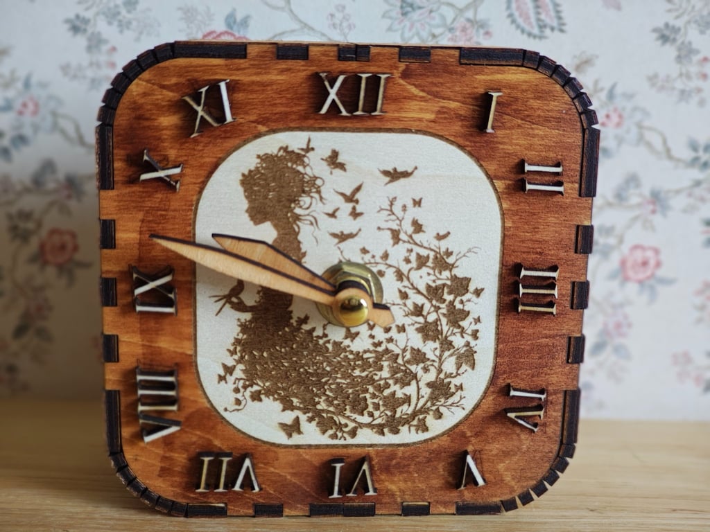 Pretty wooden clock with girl and butterflies