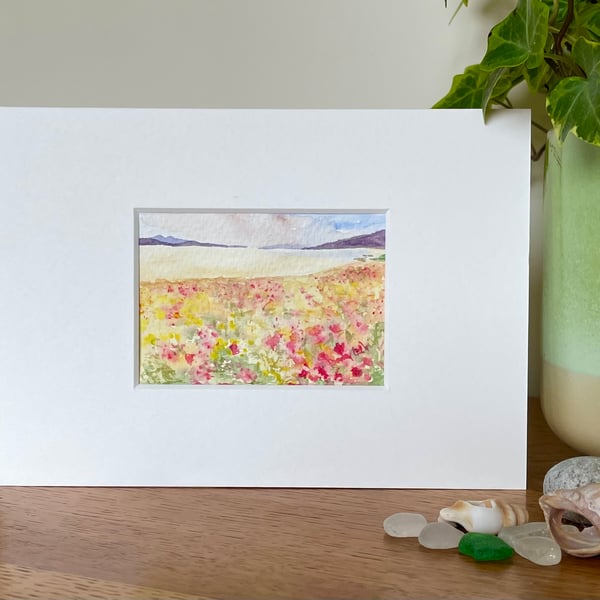 ACEO watercolour original painting, machair Outer Hebrides 