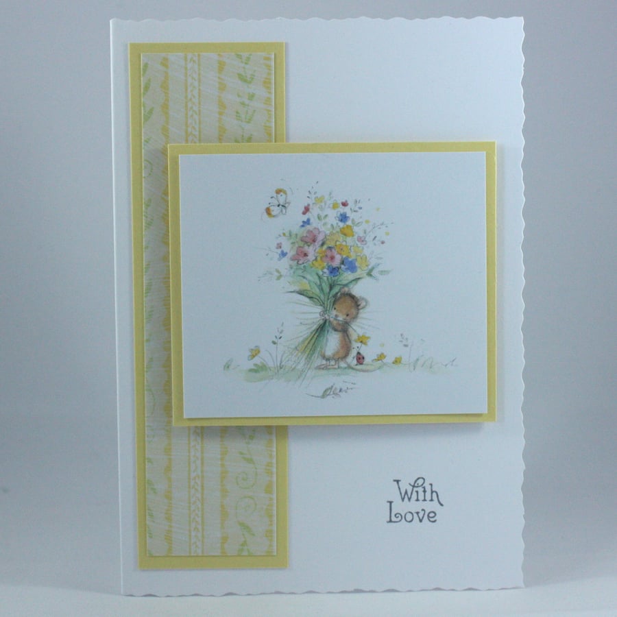 Handmade, any occasion card - mouse with bouquet
