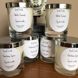 Soy wax candles in six fragrance oil for Christmas and Winter with silver lid.