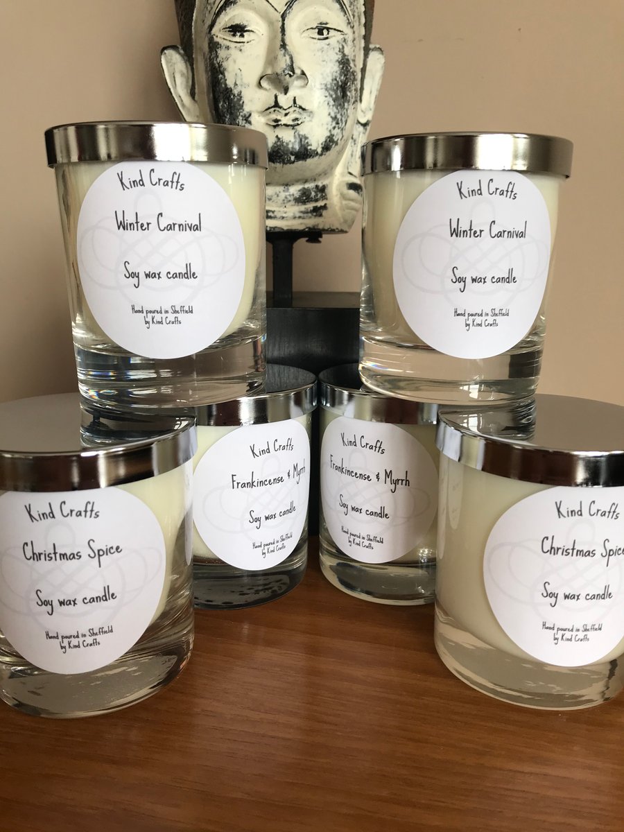 Soy wax candles in six fragrance oil for Christmas and Winter with silver lid.