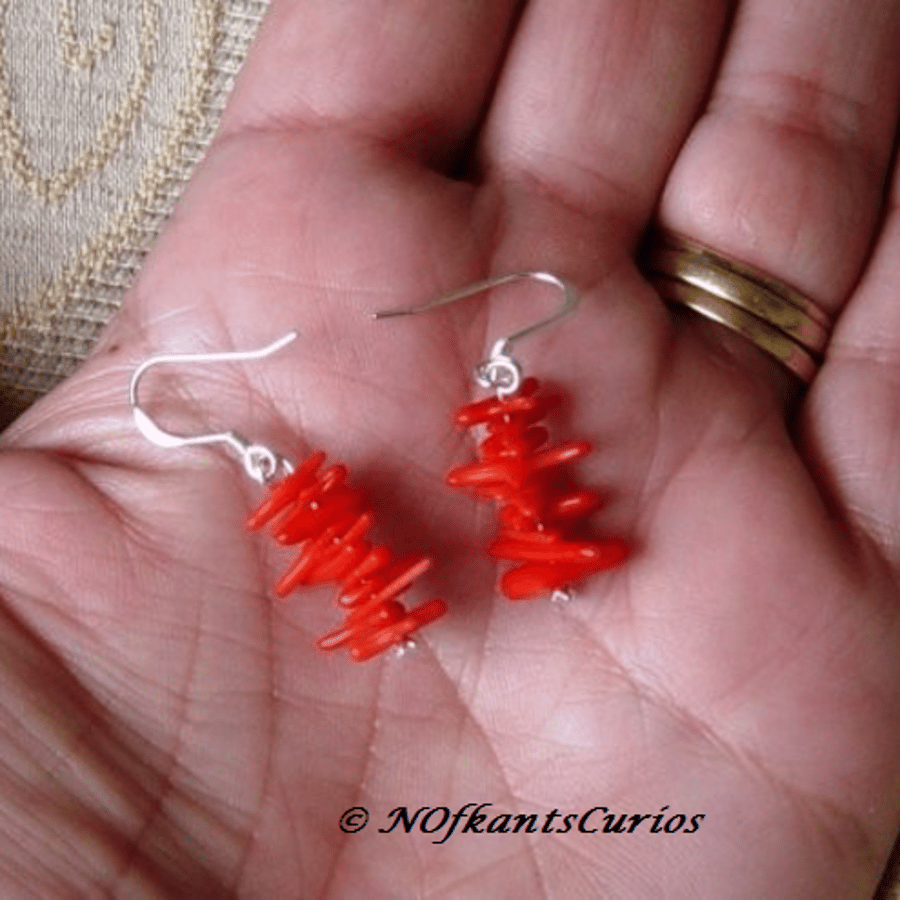 Red Coral Branch & CZ Earrings, with 925 Sterling Silver Hooks.