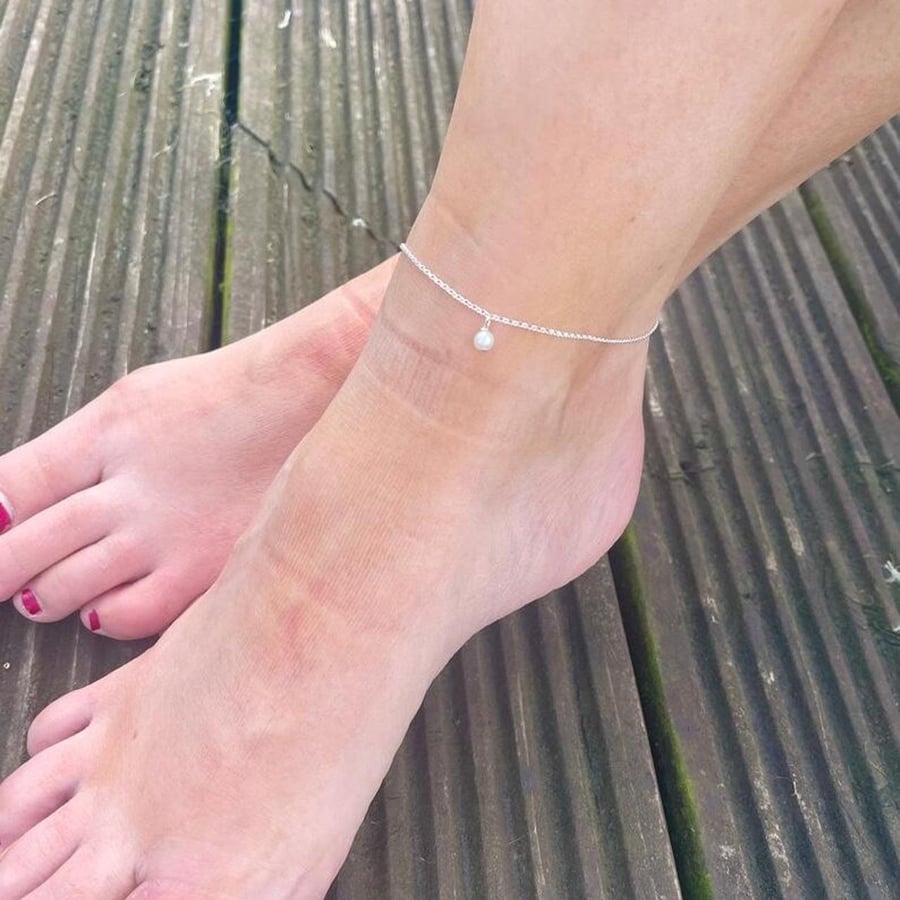 Freshwater Pearl Drop  Sterling Silver  Anklet