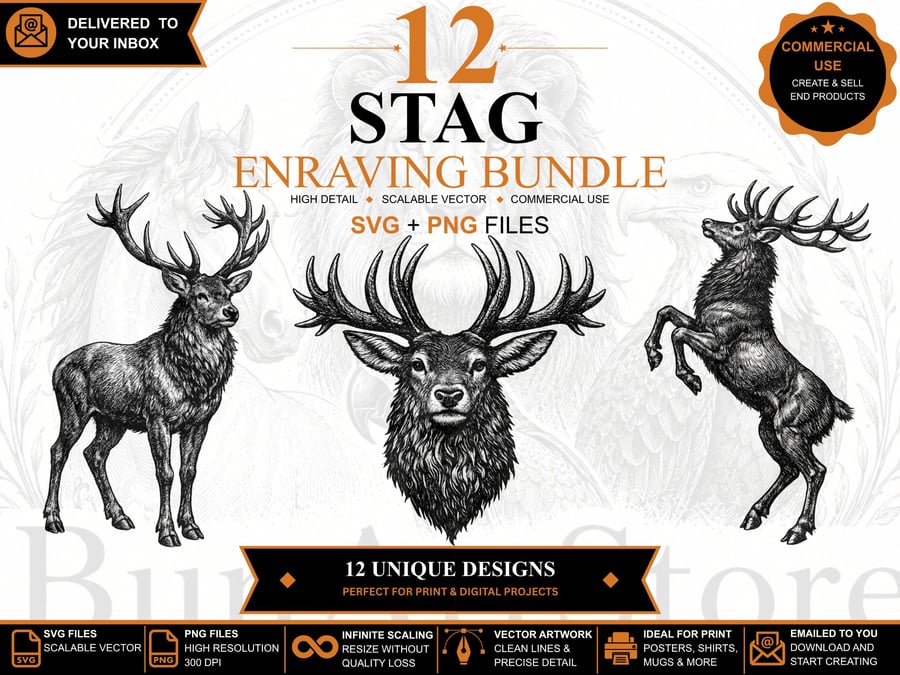 12 Vintage Stag Engraving SVGs - Animal Clipart Bundle (Files emailed to you)