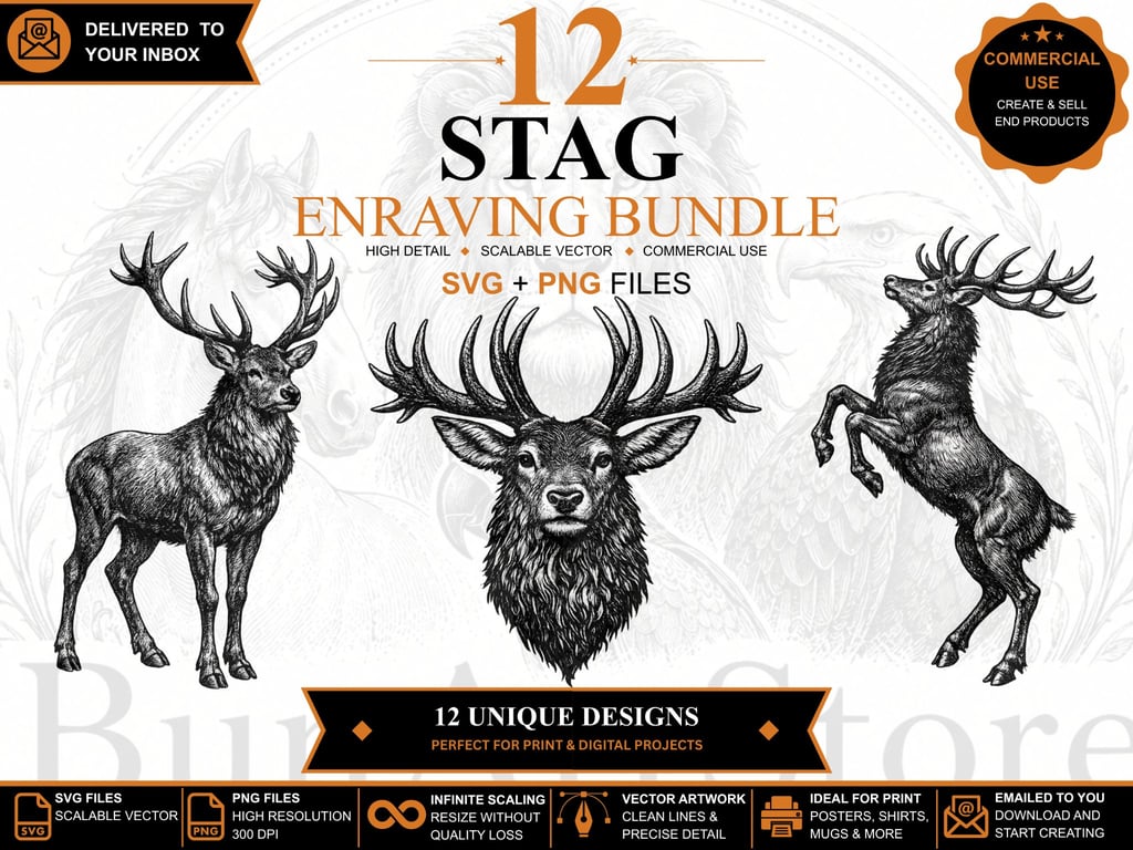 12 Vintage Stag Engraving SVGs - Animal Clipart Bundle (Files emailed to you)