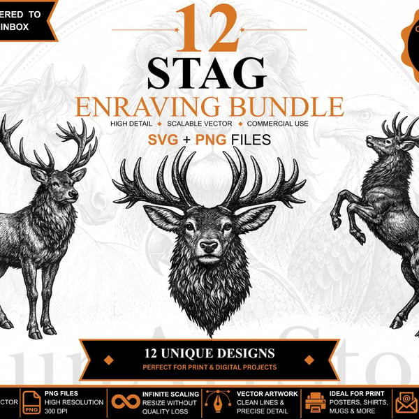 12 Vintage Stag Engraving SVGs - Animal Clipart Bundle (Files emailed to you)