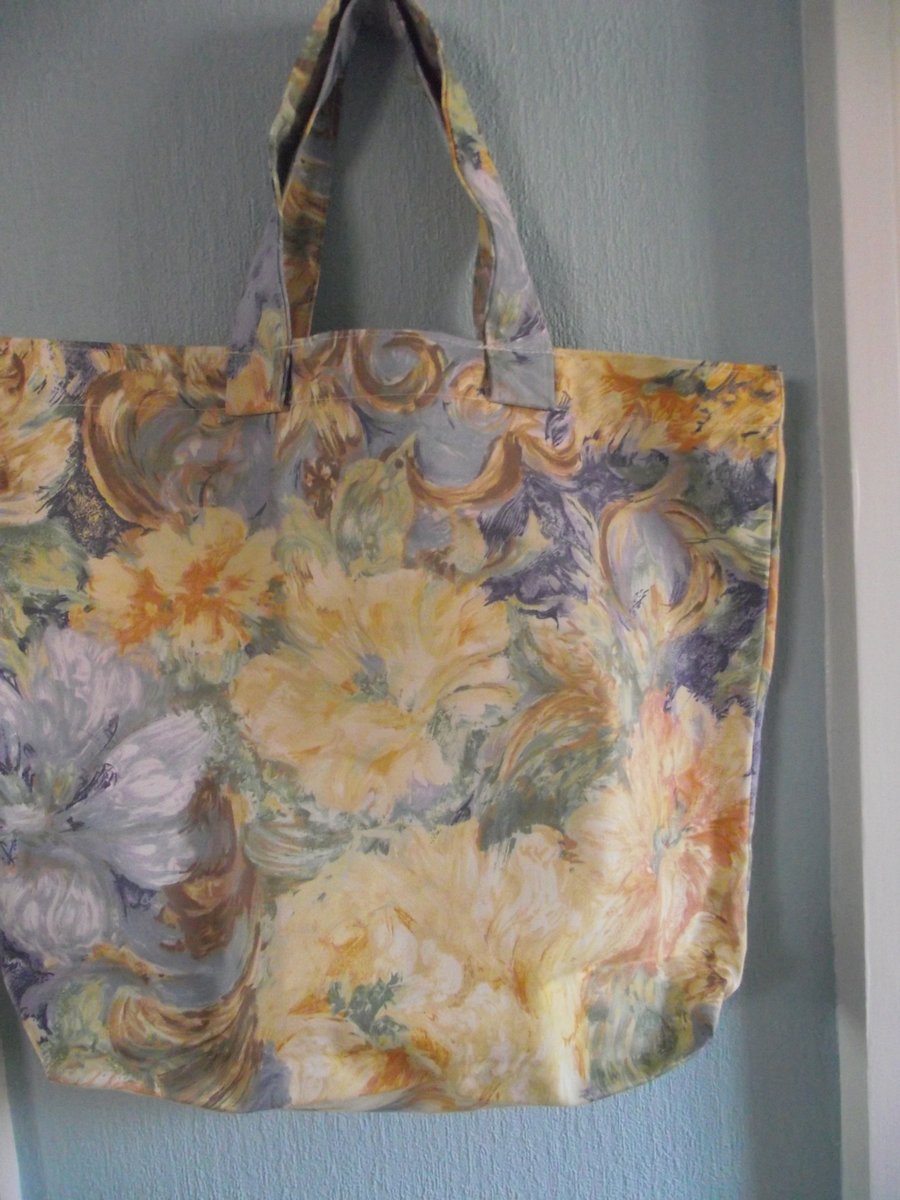 blue and yellow flowered shopping bag, tote bag,carrier bag