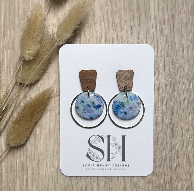 Handcrafted Floral Print Round Dangle Earrings with Walnut Stud (medium)