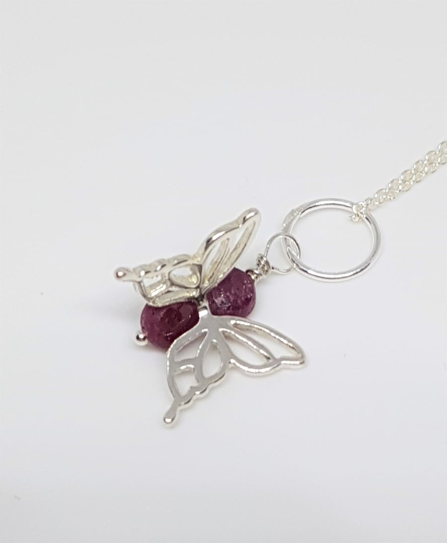 Ruby Gemstone Sterling Silver Butterfly Statement Pendant Necklace