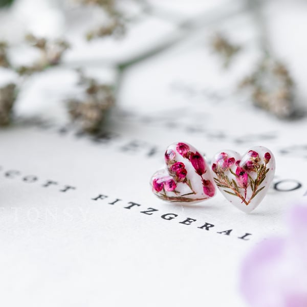 Real Flower Earrings Heather - White Sterling Silver Botanical Jewellery Pressed