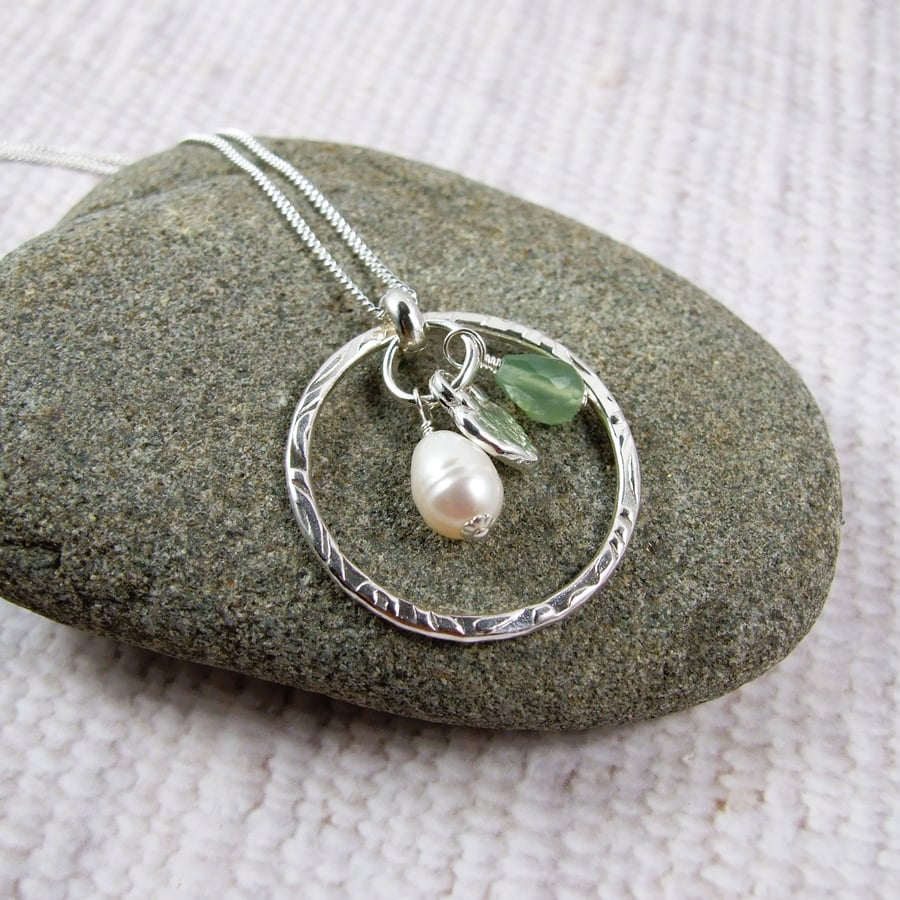 Sterling Silver Heart Charm Necklace with Green Agate and Pearl