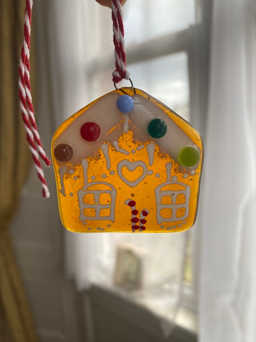 Fused Glass Gingerbread Candy Cane House