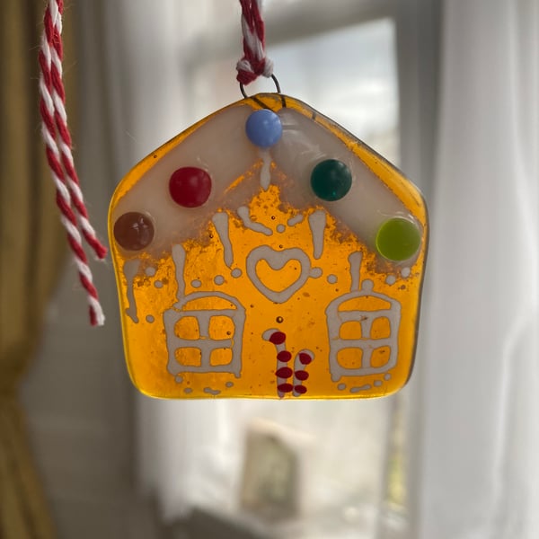 Fused Glass Gingerbread Candy Cane House