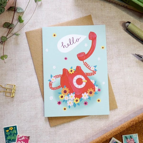 Hello Retro Telephone Flower fun card