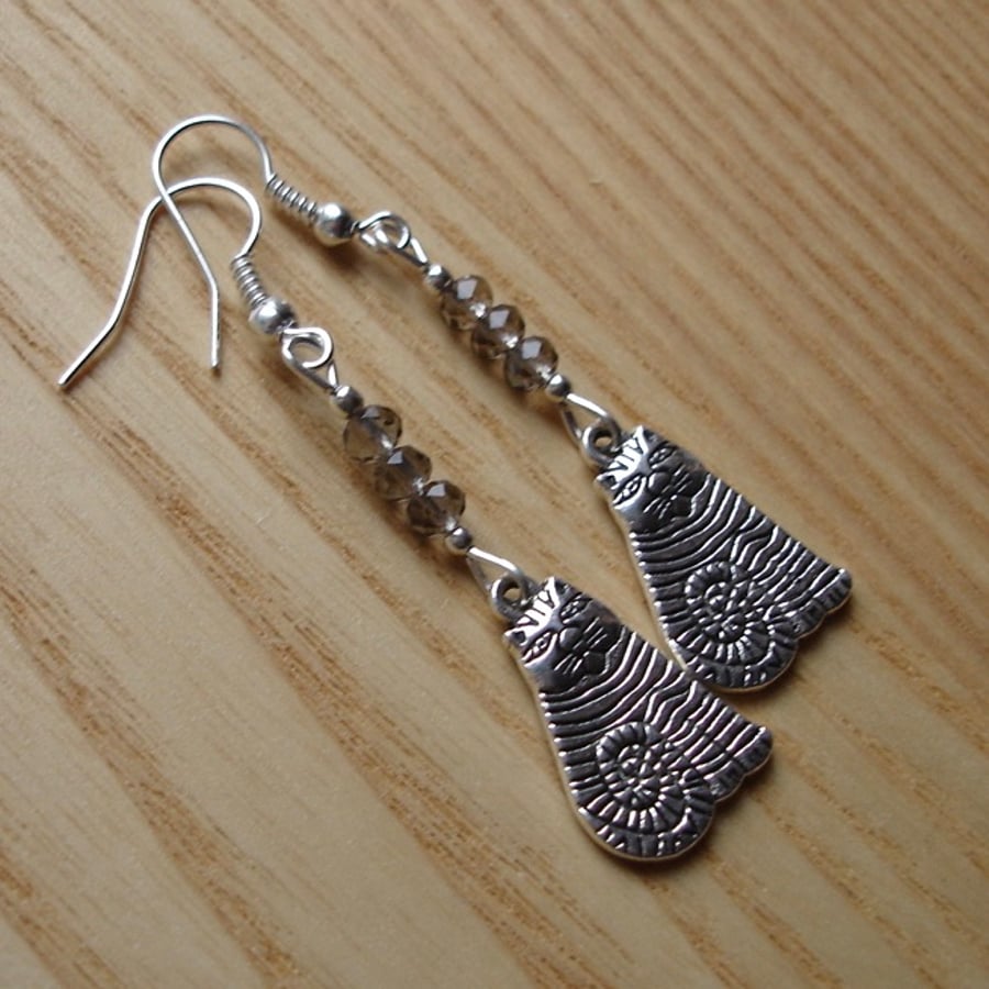 Ash Grey Striped Cheshire Cat Charm Earrings - Gift for Her