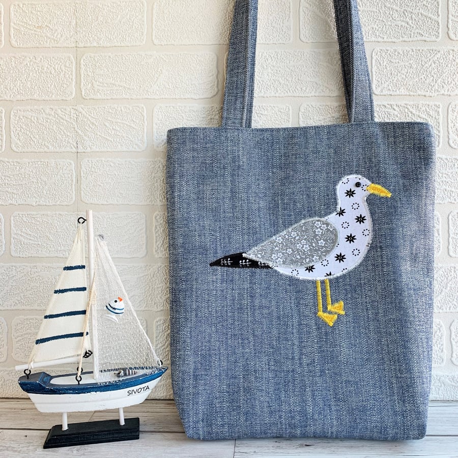 Seagull tote bag in blue with floral Seagull
