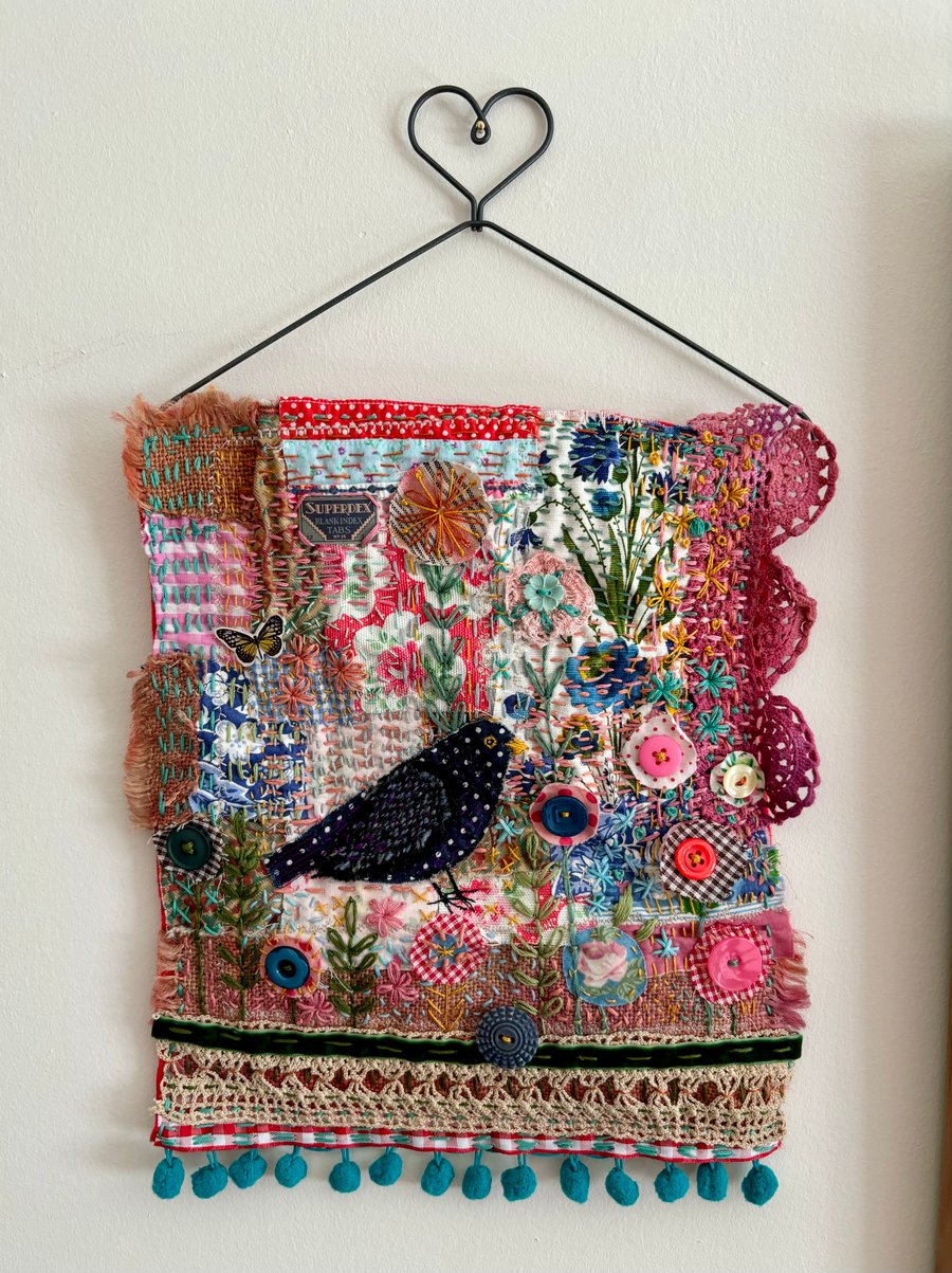 Wall hanging, Blackbird Cottage Garden, textile art