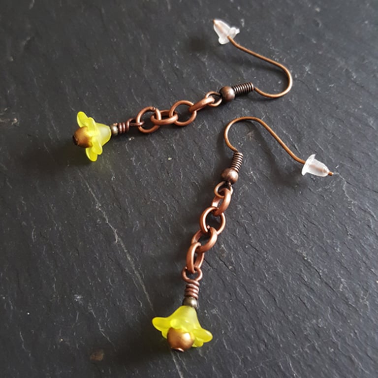 Lime Green Flower Drop Earrings - Copper Tone Dangle Earrings