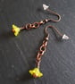Lime Green Flower Drop Earrings - Copper Tone Dangle Earrings